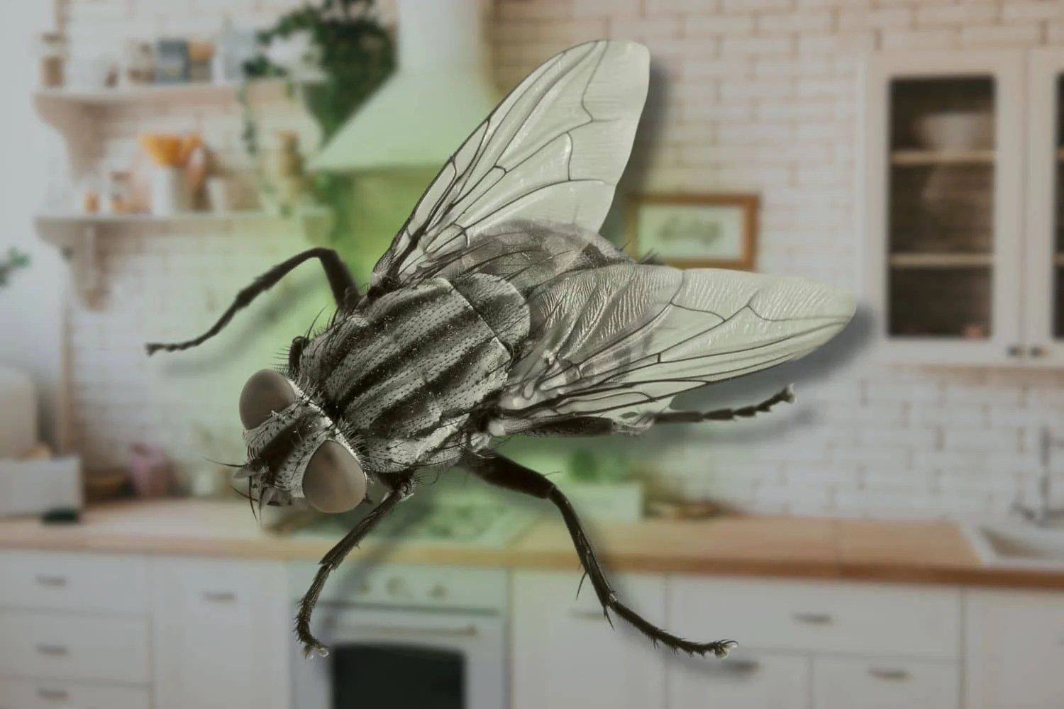 Close-up of a striped housefly with transparent wings on a blurred kitchen counter, showing why people ask how long do flies live