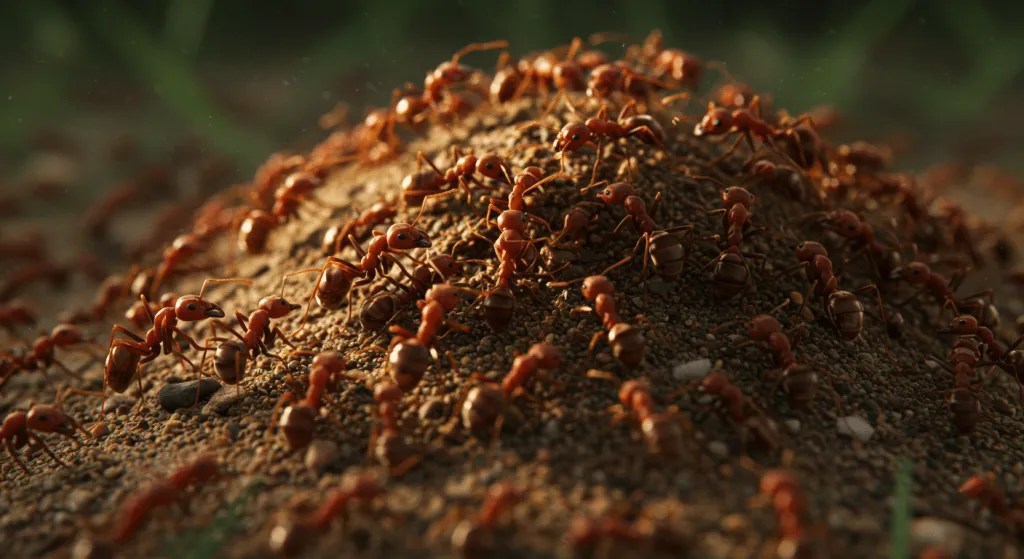 Reddish fire ants swarm a soil mound, a common problem that calls for professional ant control in Boca Raton