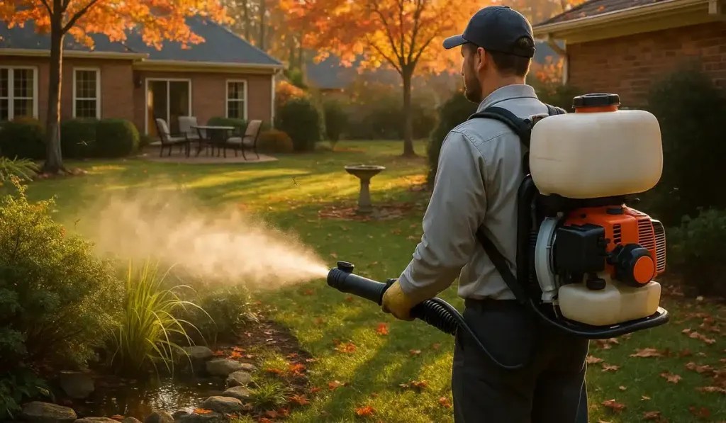 Technician using a backpack mist blower for fall mosquito control near a backyard pond and birdbath