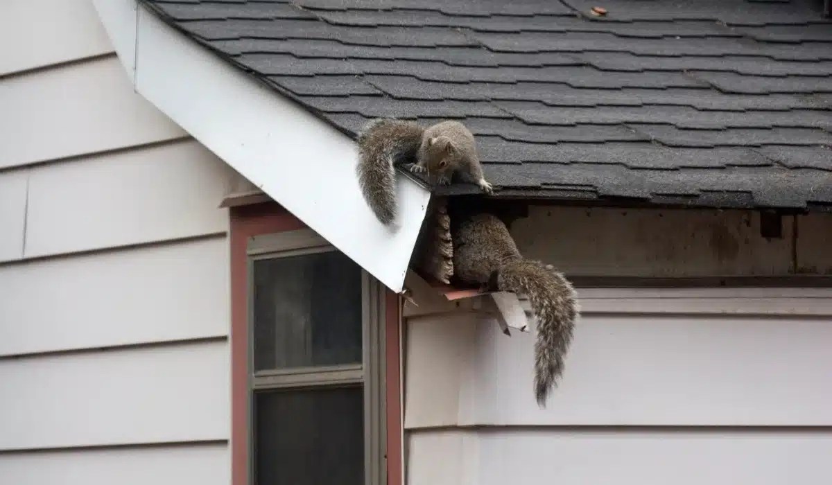 A raccoon climbs on the exterior roof edge and gutter of a house with white siding and dark shingles