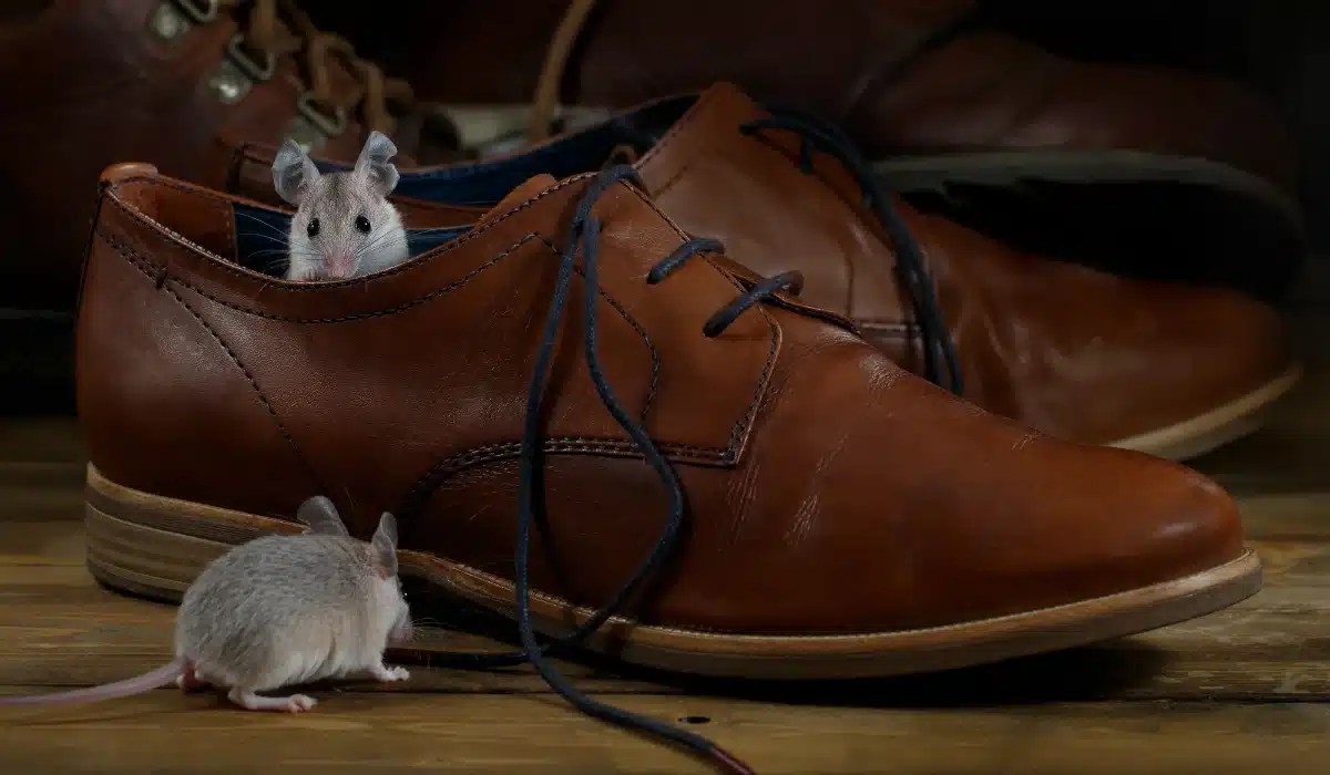 Two white mice, one perched on a brown leather oxford shoe and one on the wooden floor beside it