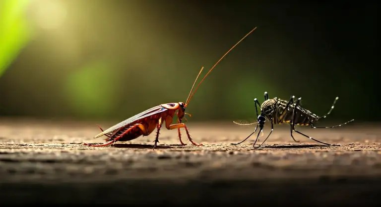 Reddish brown cockroach facing a striped mosquito on a rough surface, two pests that thrive in humidity