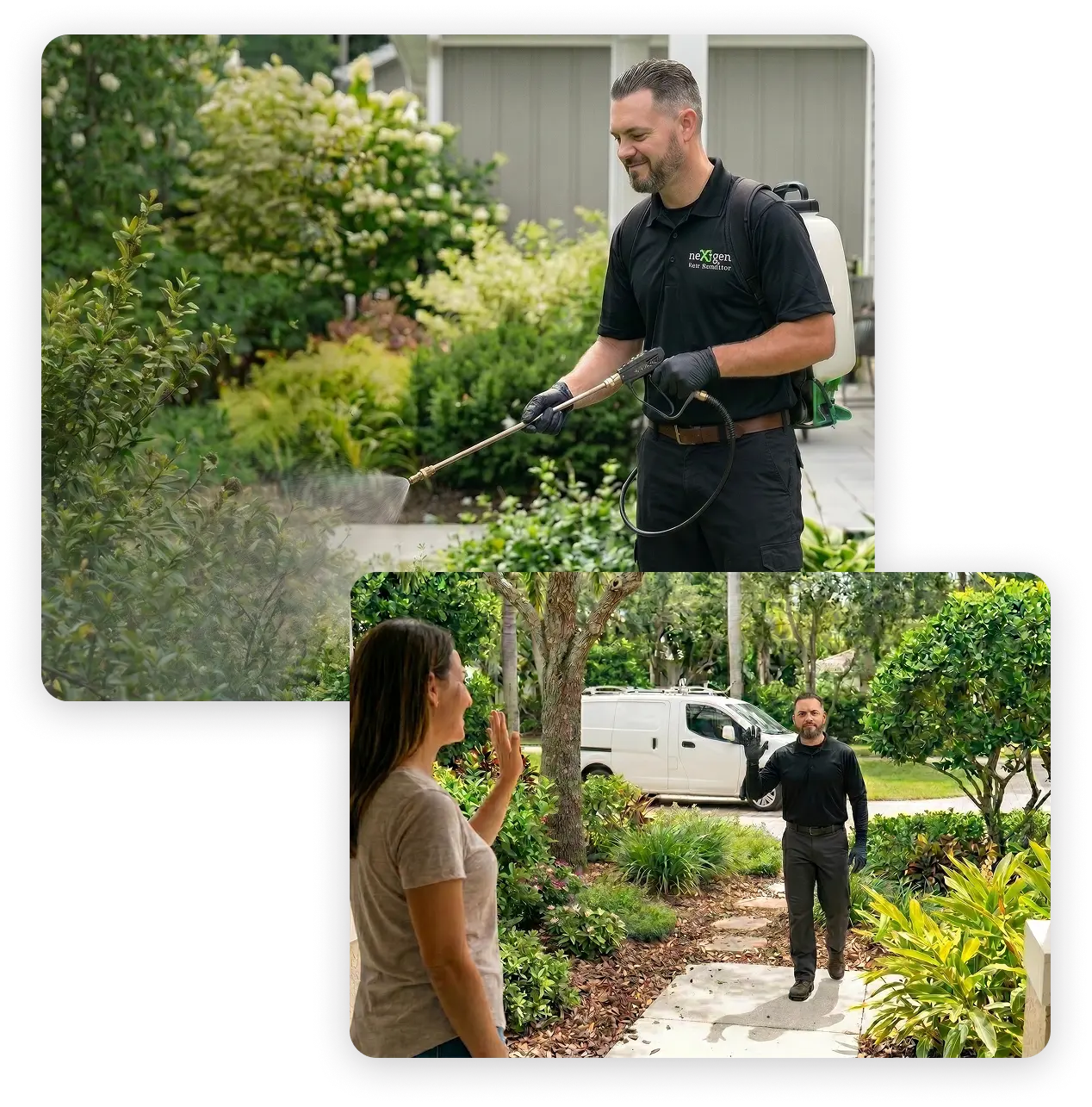 Pest control professional spraying treatment on outdoor shrubs while homeowner watches