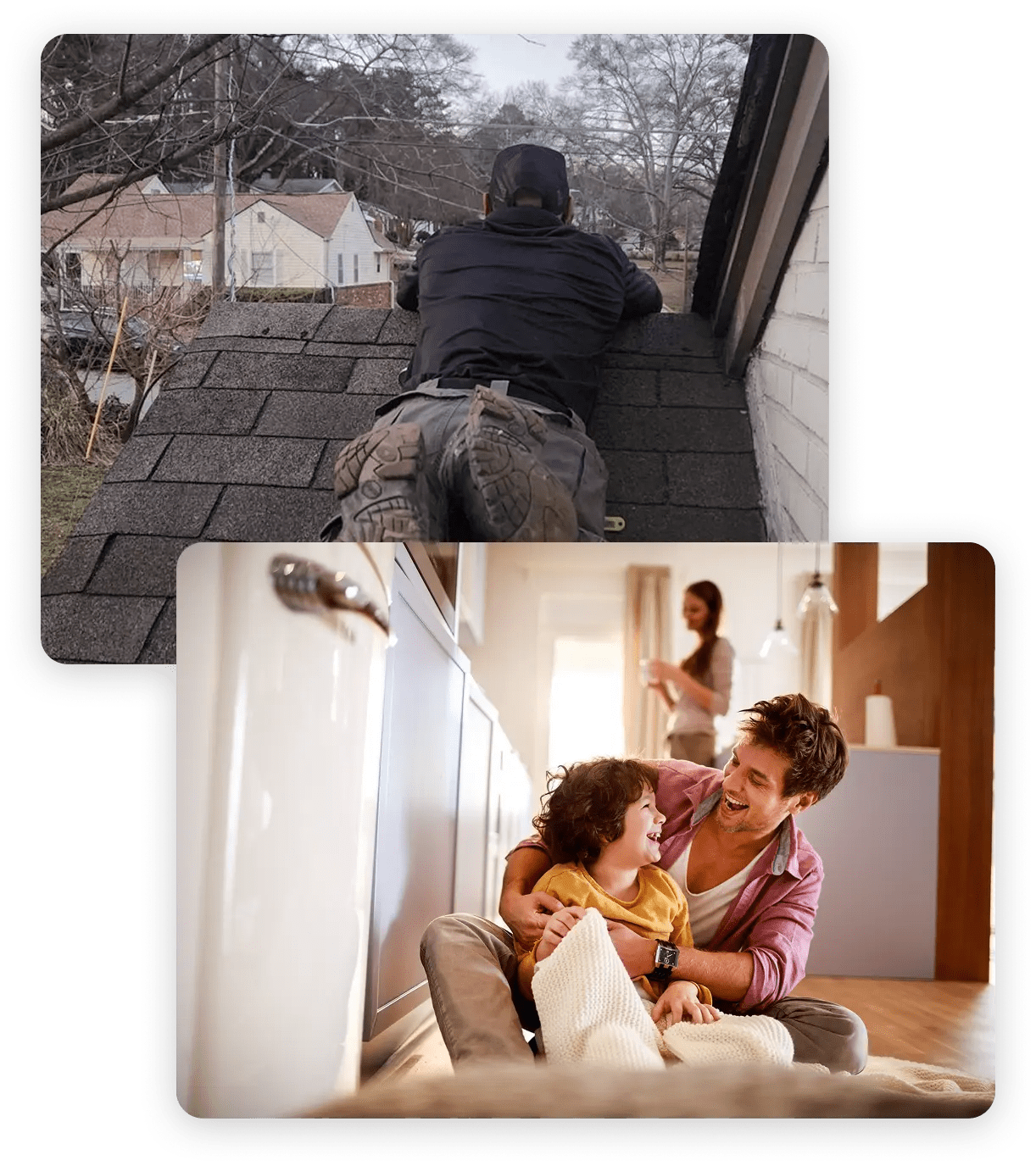 Composite image showing home inspection on roof and happy family inside house