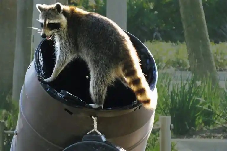Raccoon climbing into an open trash can, a common sight that makes homeowners ask are raccoons dangerous | keep raccoons out