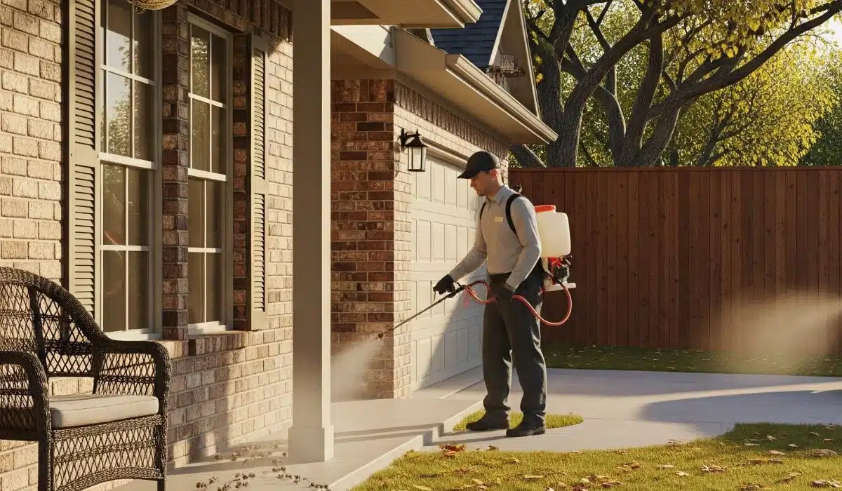 Professional pest control technician spraying exterior of brick home with treatment equipment