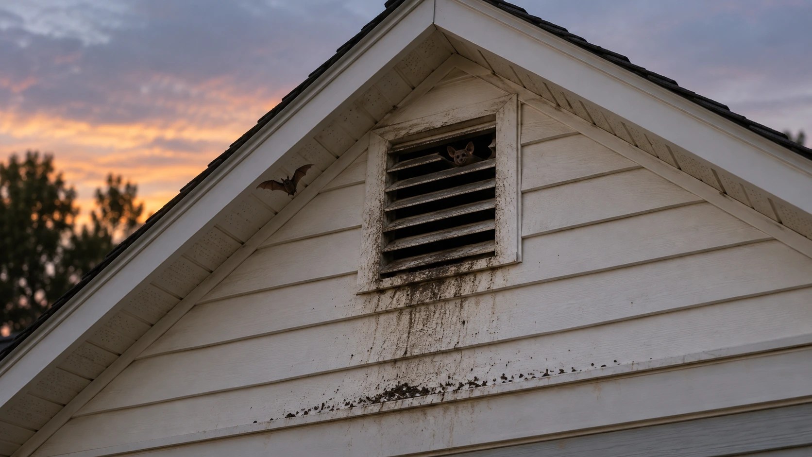 Bat at an attic gable vent with guano stains on the exterior siding.