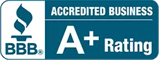 Better Business Bureau A+ Rating accredited business logo with flame symbol