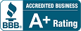 BBB Accredited Business A+ Rating logo with blue shield and torch emblem