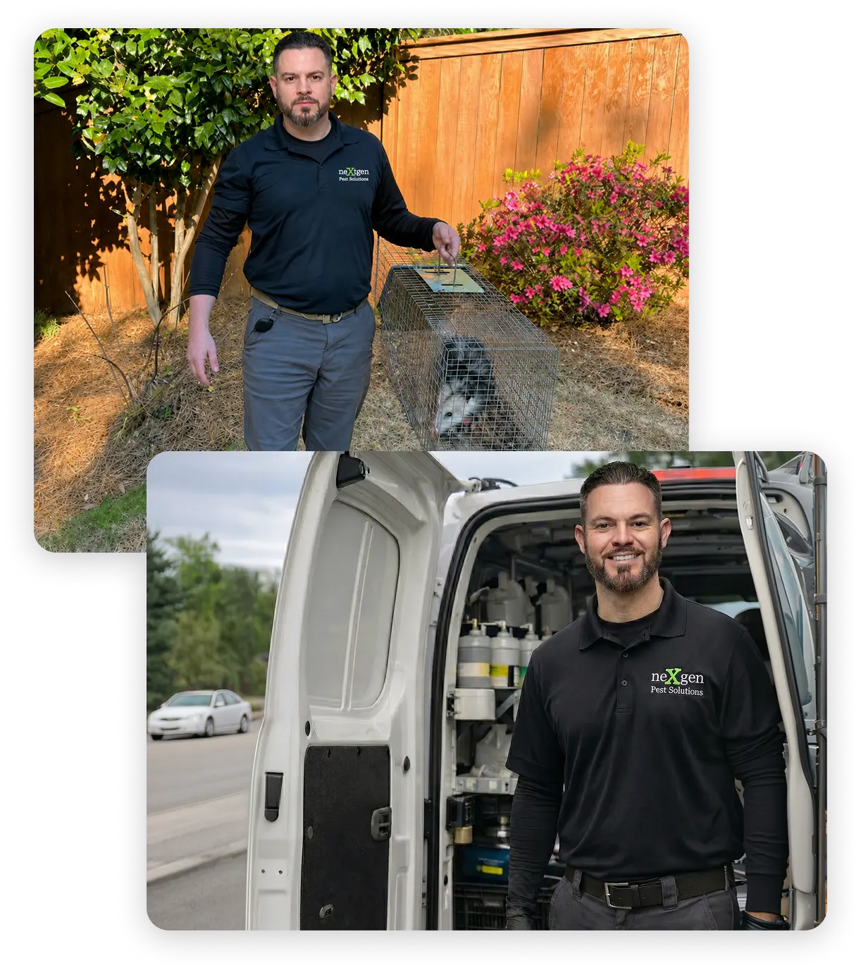 Two pest control professionals from NeXgen Pest Solutions, one with a wildlife trap and one with a service van