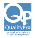 QualityPro logo with white Q and P letters on blue background and tagline 'the mark of excellence in pest control'
