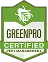 GreenPro Certified green badge seal with white checkmark and text on shield shape