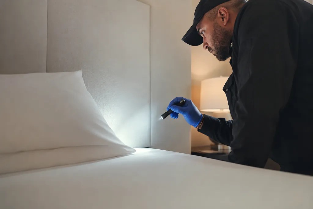 Technician inspects a hotel mattress seam with a flashlight to lower World Cup bed bug risk