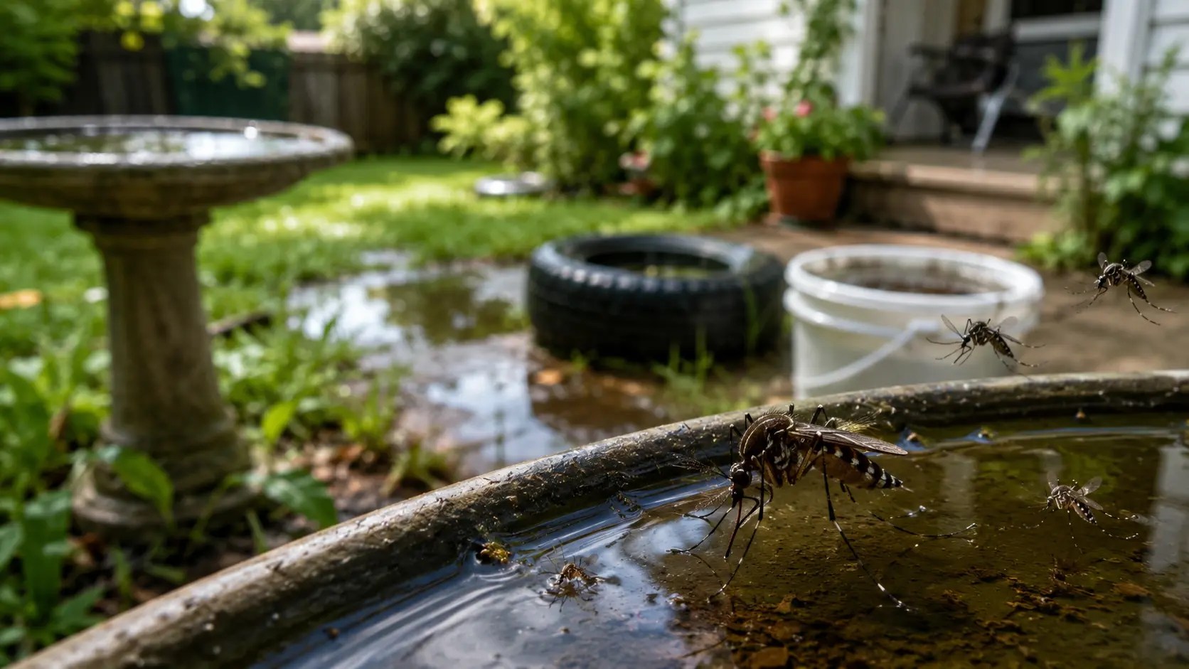 Mosquito breeding sites in a backyard, with mosquitoes on the rim of a water-filled basin near a birdbath, a tire, and a white bucket