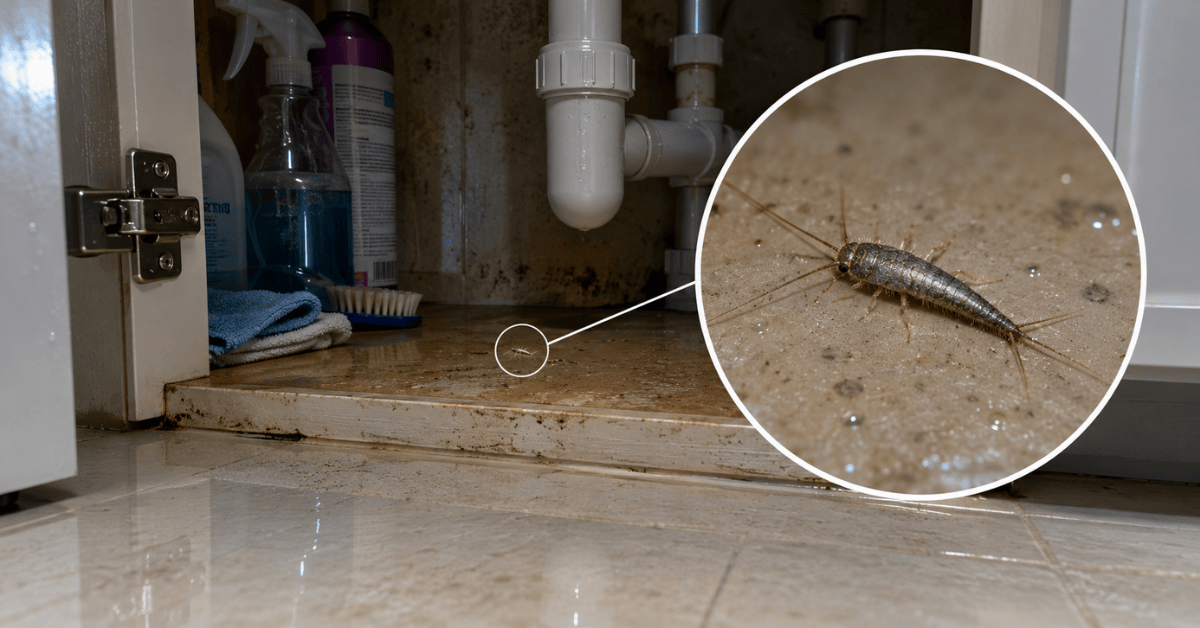 A silverfish insect on a bathroom floor beneath a sink cabinet with cleaning supplies visible.