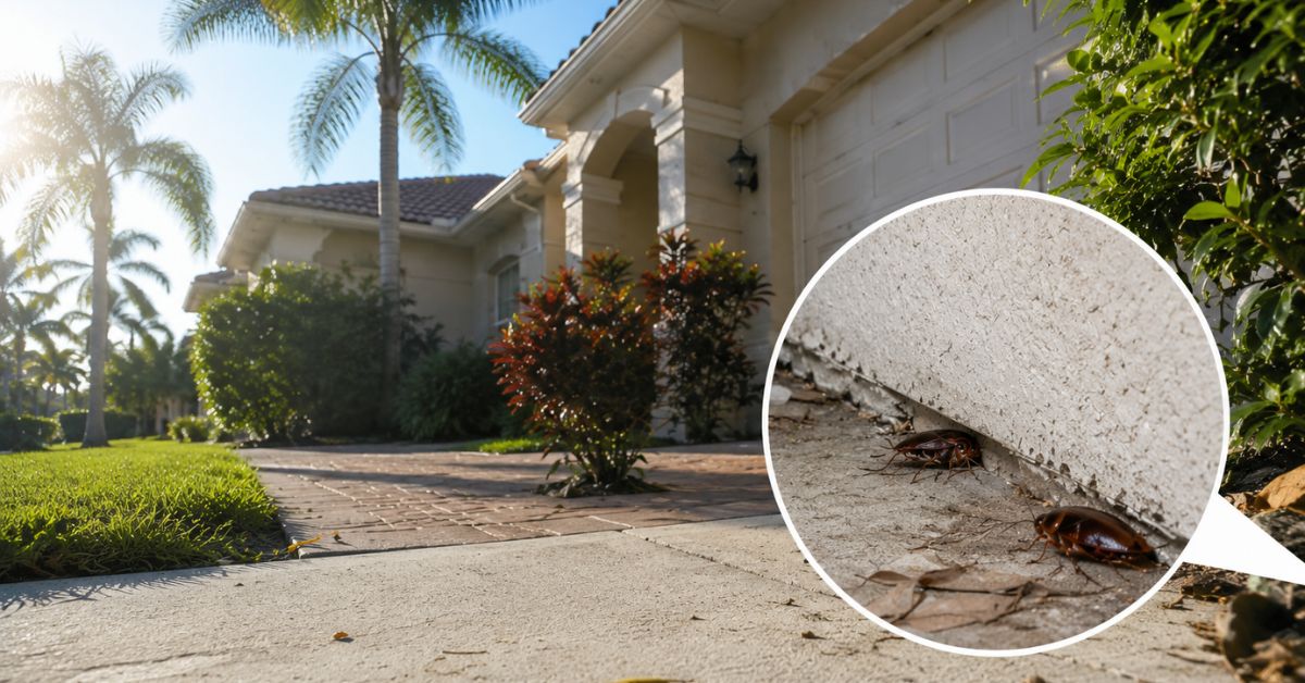 Florida home driveway with inset showing two cockroaches on concrete pavement