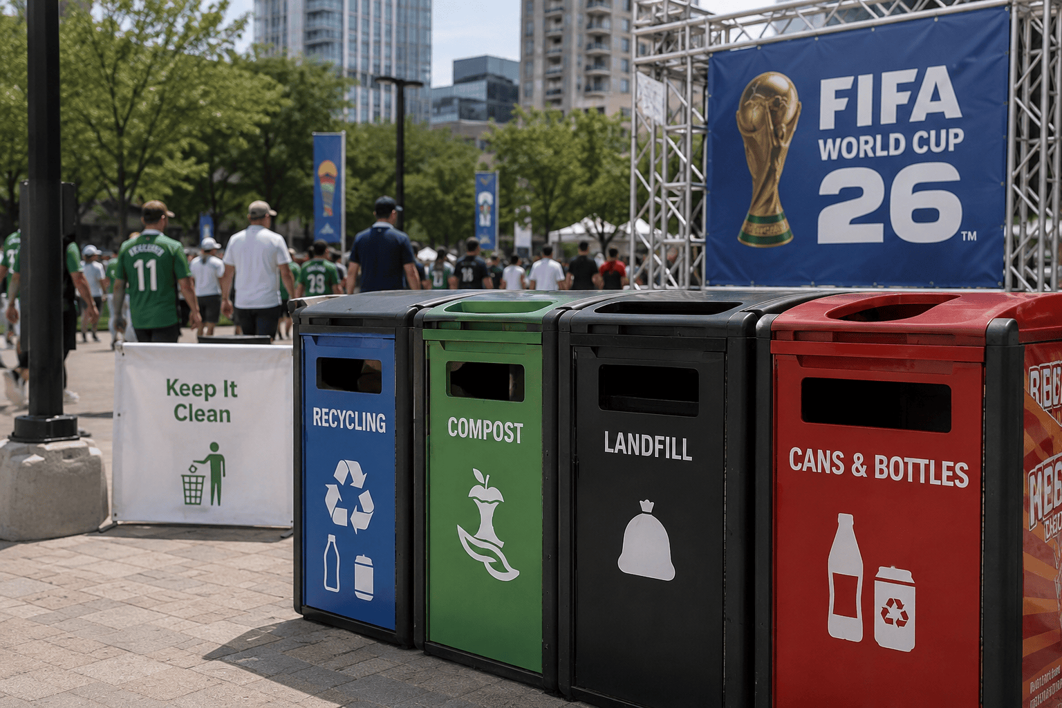 Four color-coded waste bins for recycling, compost, landfill, and cans at an outdoor FIFA World Cup 26 event venue