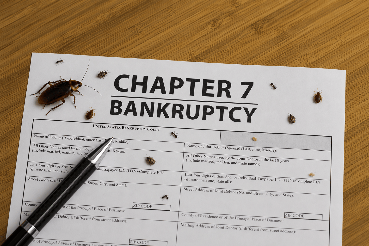 Chapter 7 Bankruptcy form with cockroaches crawling on the document and a pen on wooden surface