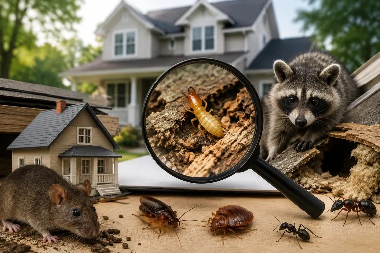 Pest problems around a home shown by a magnifying glass over a termite in damaged wood, with a raccoon, rat, cockroaches, and ants nearby