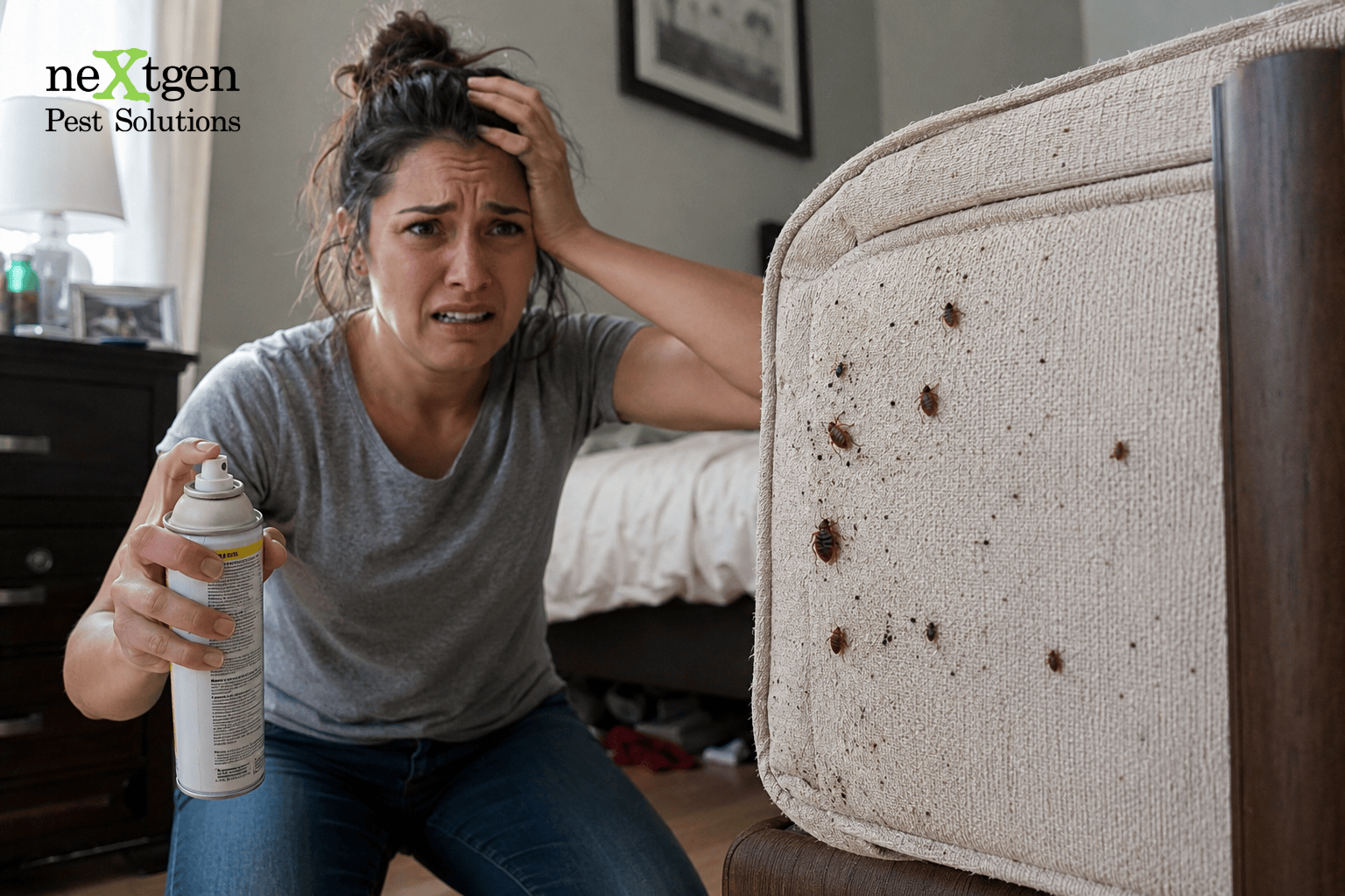 Woman holding insecticide spray discovers bed bugs on upholstered headboard