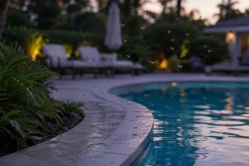 Mosquitoes hovering over a backyard swimming pool at dusk.