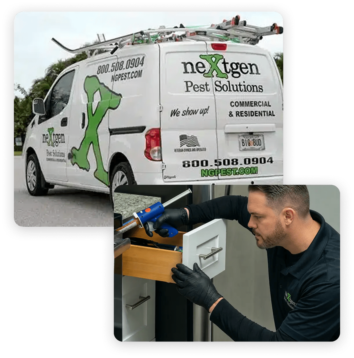 Nextgen Pest Solutions service vehicle and technician performing professional pest control treatment inside a home.