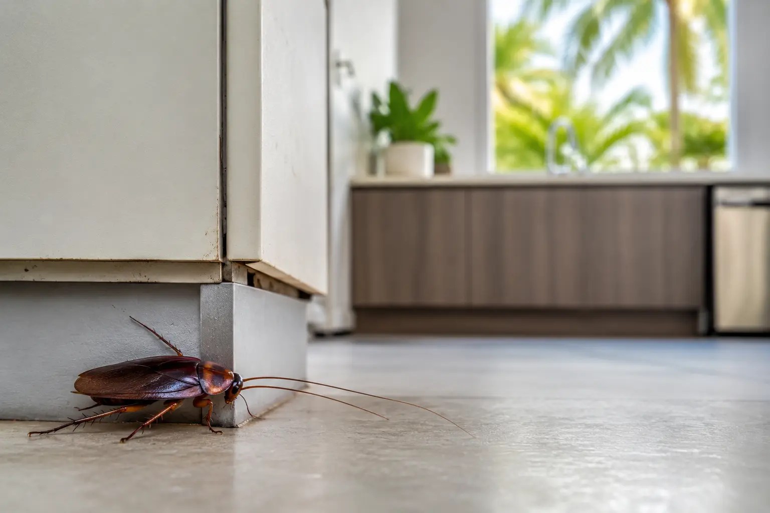 A large cockroach crawls along a kitchen floor near cabinets.
