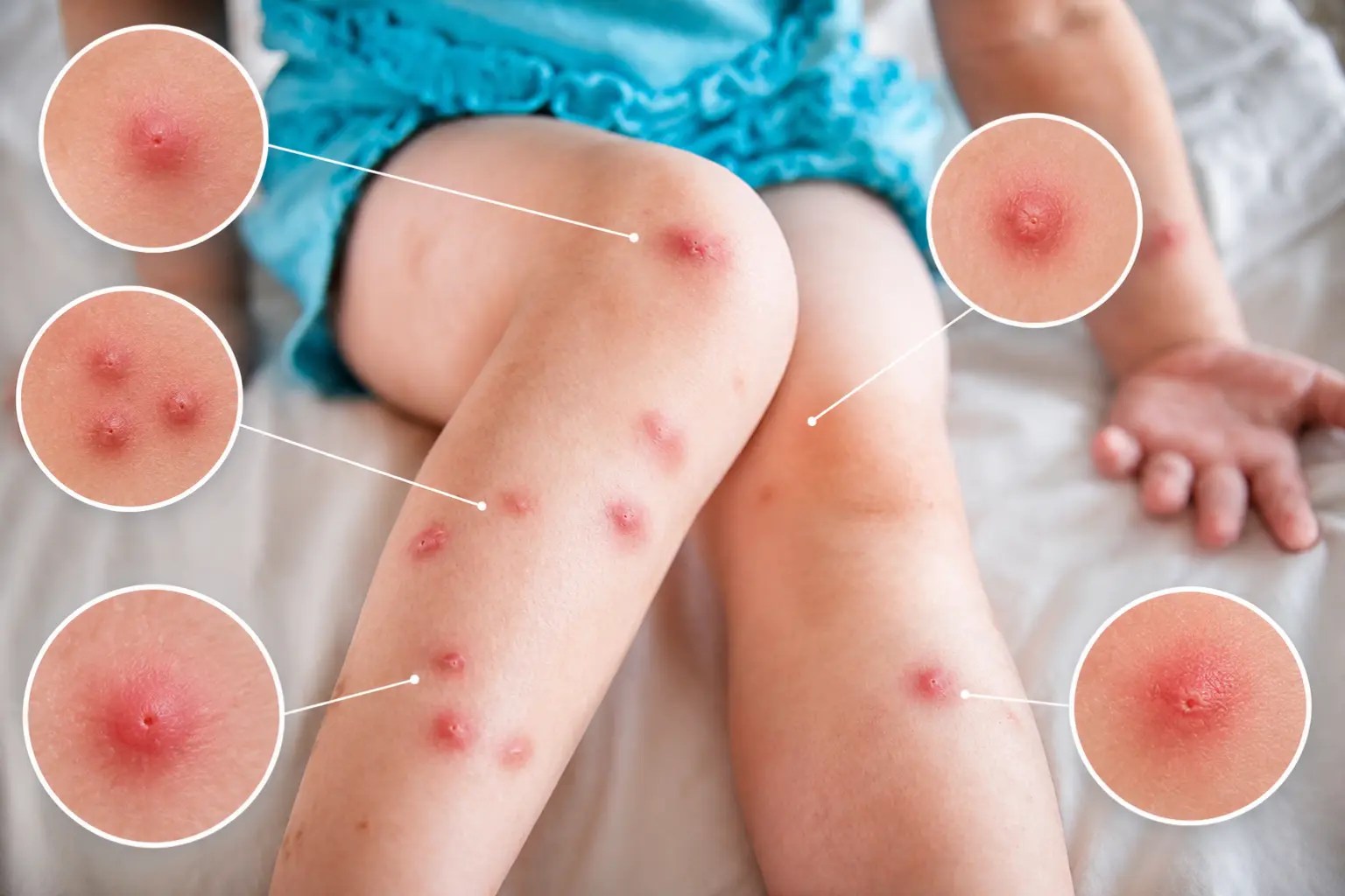 Close-up circles highlight several red, swollen bite marks on legs.