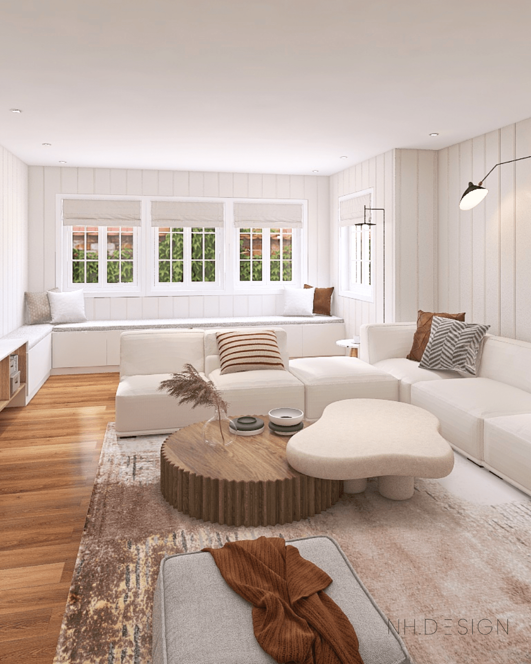 3D rendering of a modern organic family living room with bespoke seating and custom IKEA storage solutions.