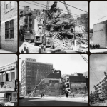 A series of six photos, two showing areas before redevelopment, two showing building being torn down, and two are from after redevelopment in early 60s