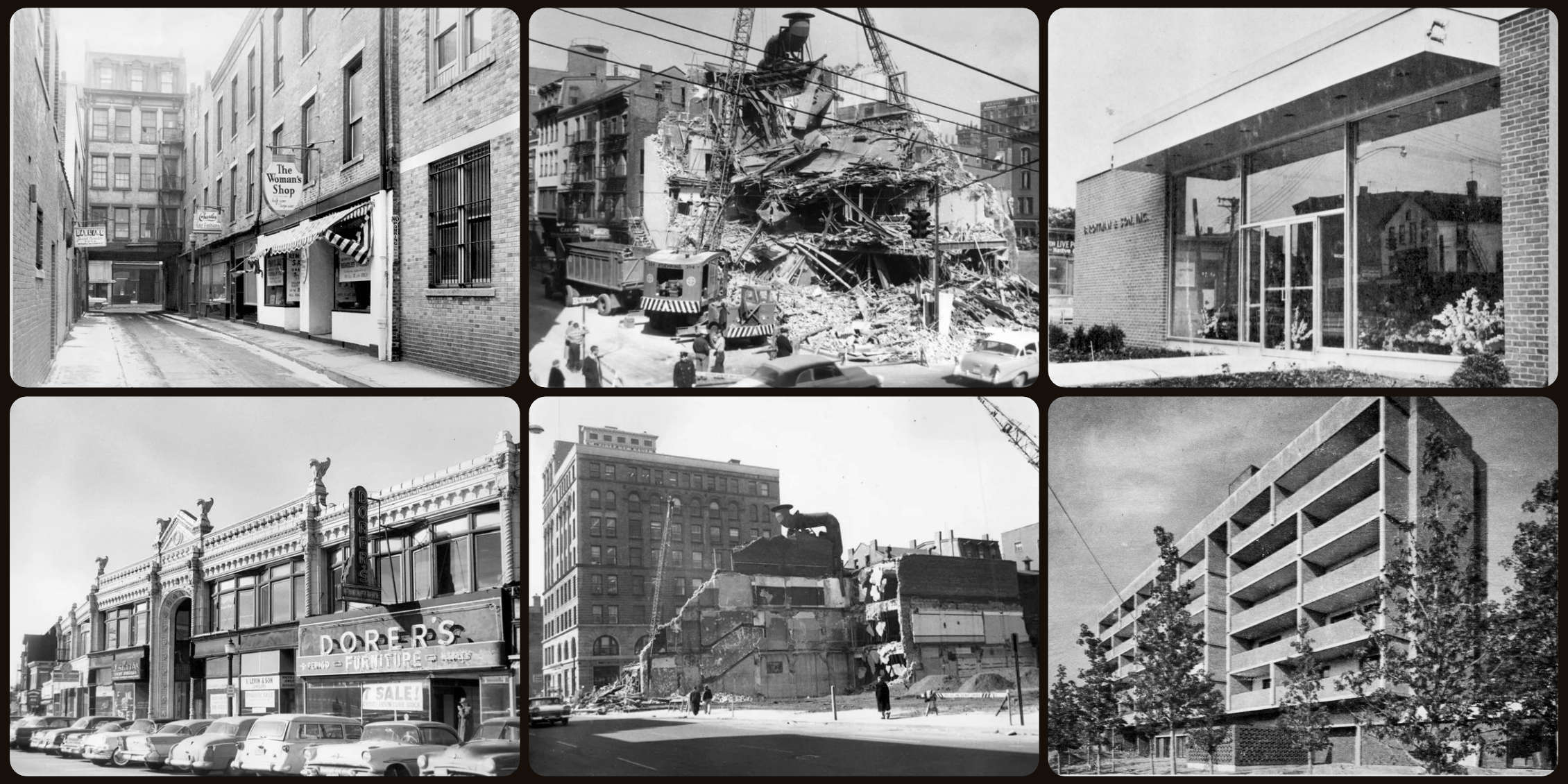 A series of six photos, two showing areas before redevelopment, two showing building being torn down, and two are from after redevelopment in early 60s