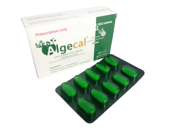 A box of OPSONIN ALGECAL DX 500 calcium supplement tablets, containing 30 tablets of 500 mg each, designed to support bone health. The box is compact, approximately 2 inches high, 4 inches wide, and 4 inches long, with a simple, medical-style design.