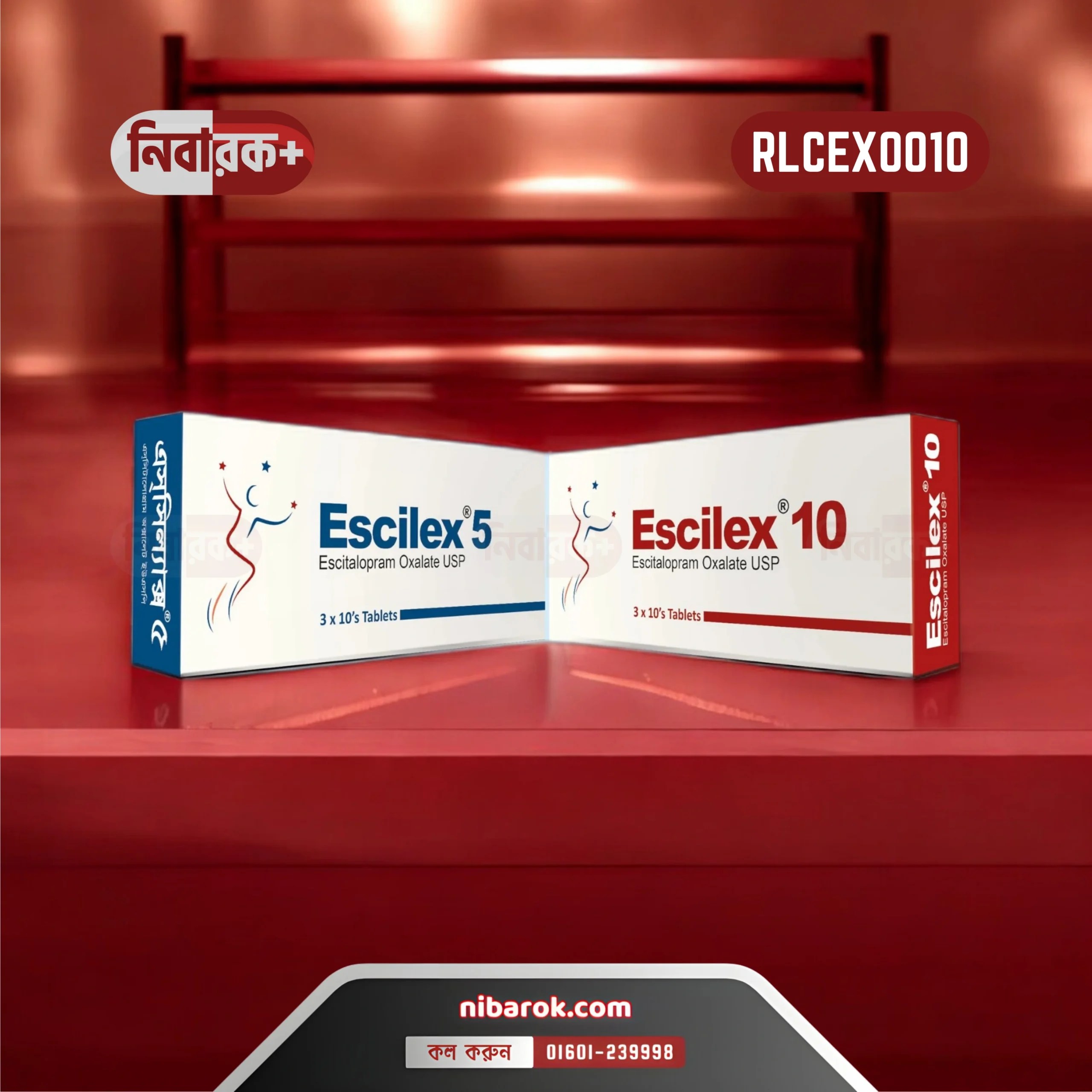 Escilex 10 Tablet (Escitalopram 10mg) in its original packaging, manufactured by Renata Pharma Lt