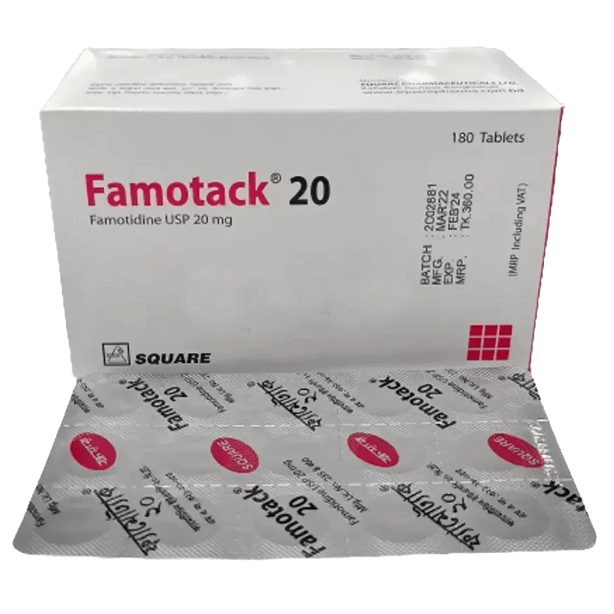 Famotack 20 tablet pack with active ingredient Famotidine 20mg.