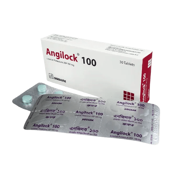 Image of Angilock 100 tablet strip labeled as Losartan Potassium 100mg for treating hypertension.
