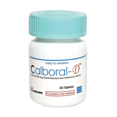 A pot of Calboral D tablets, branded by Square Pharmaceuticals Limited, clearly labeled with dosage and product details.