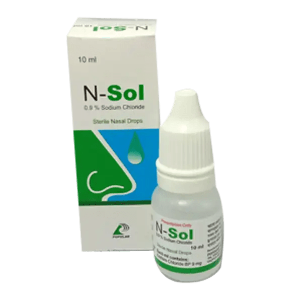 N-Sol nasal drop bottle with label showing composition and usage details."