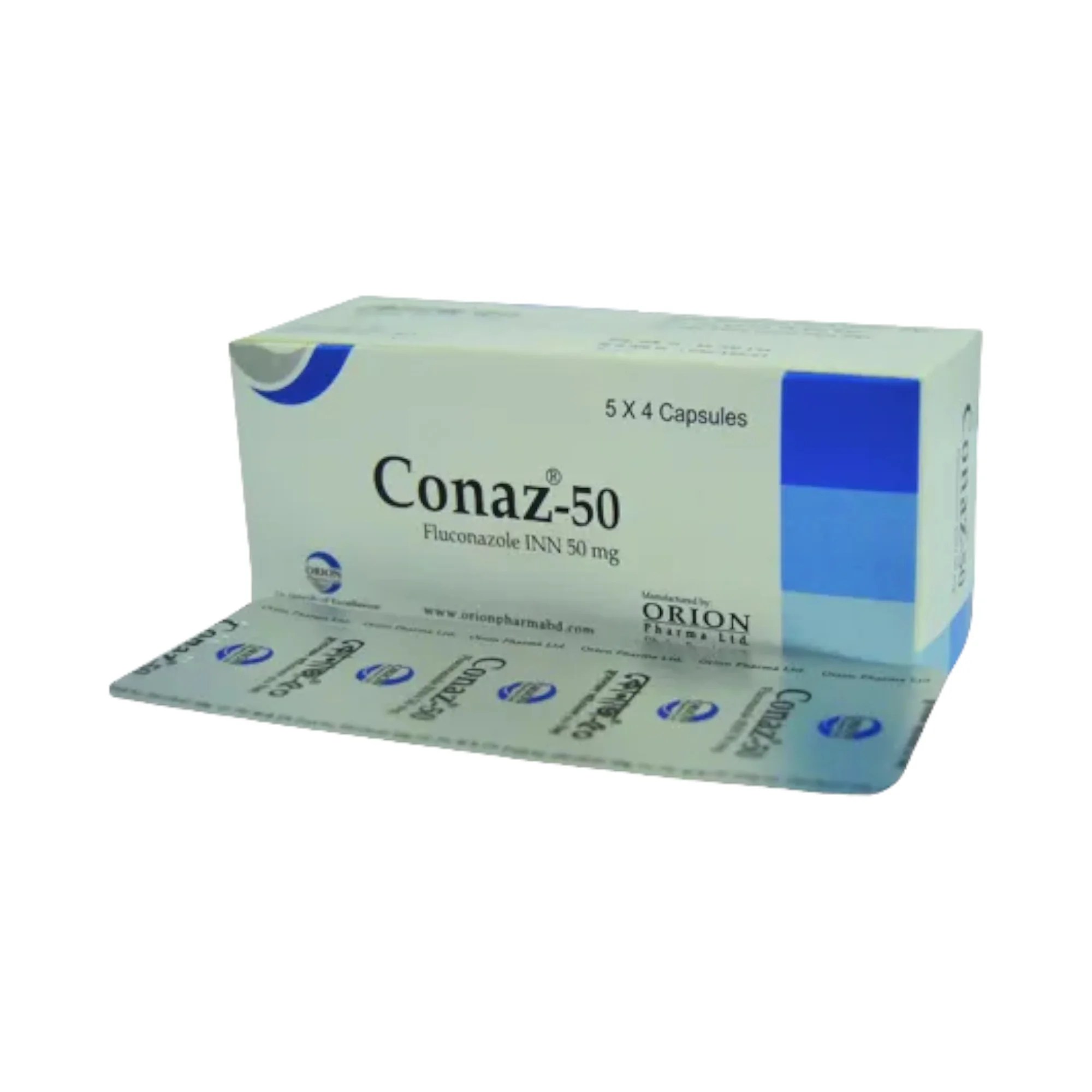 A strip or blister of Conaz 50 mg fluconazole capsules with label.