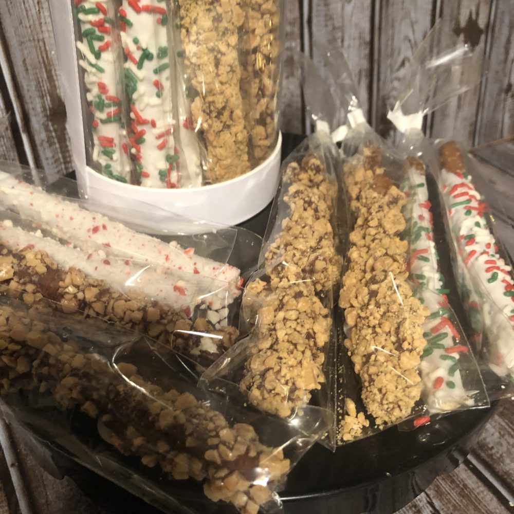 Gourmet Pretzel Sampler in ribbon wrapped cylinder