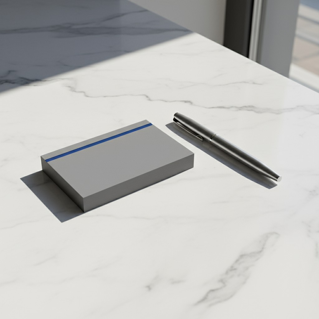 Solid grey Notepad and pen on a marble desk.