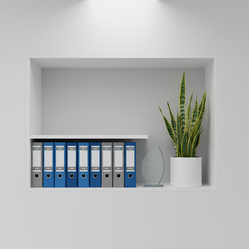 Square shelf built into a wall, holding a row of six bound books, an award, and a snake plant.