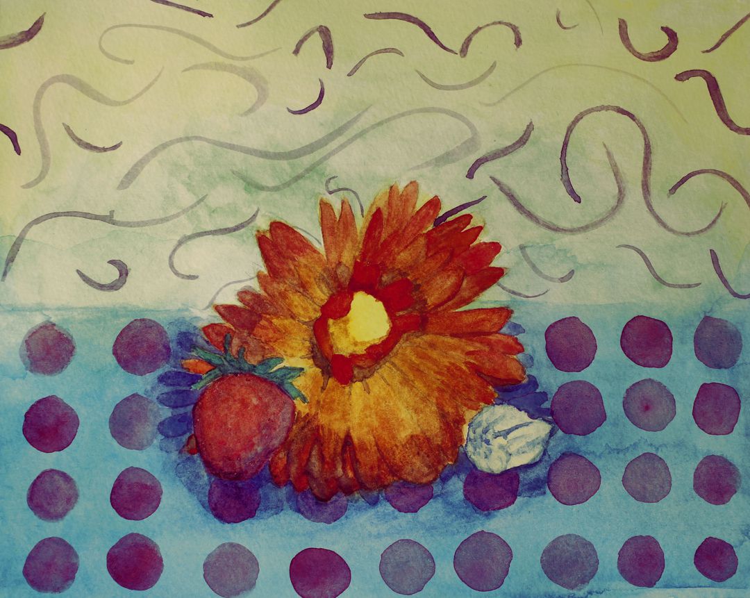 watercolor painting of a still life with a flower, strawberry, and shell
