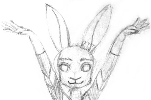 closeup of sketch of an anthropomorphic rabbit wearing a leotard "saluting" judges