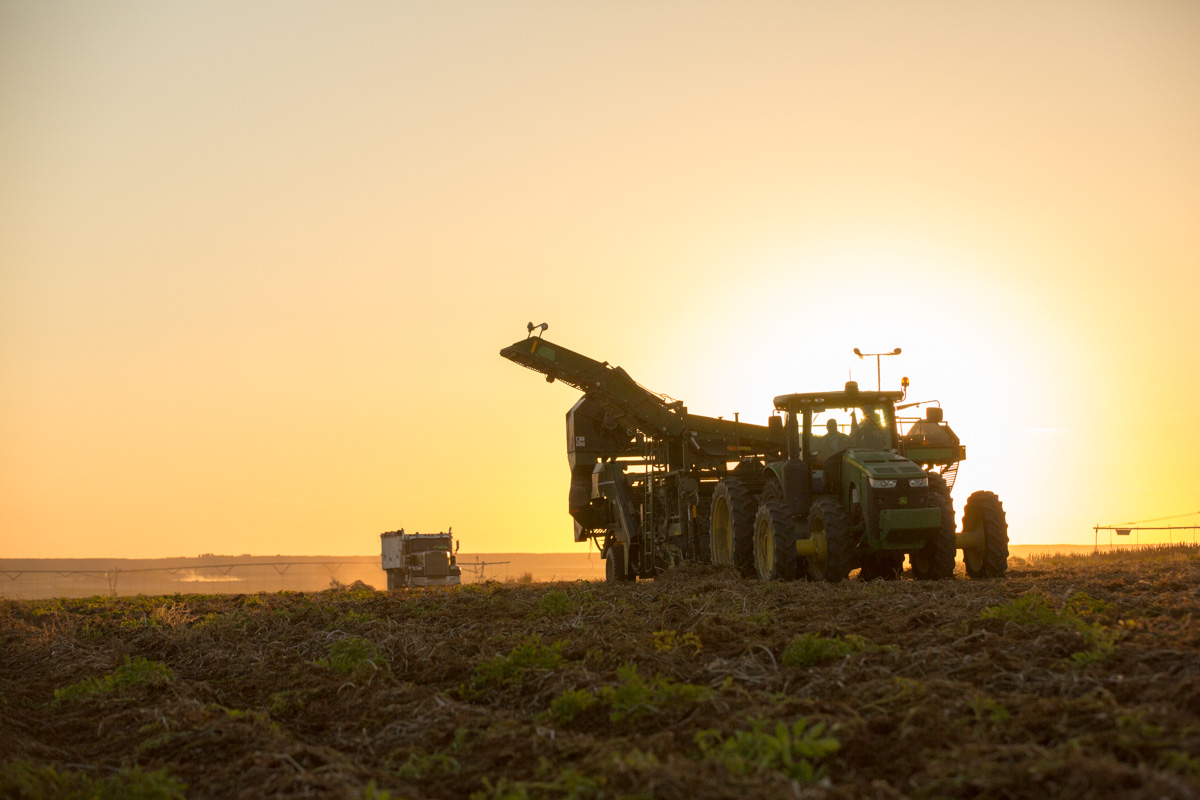 A John Deere potato harvester working at dawn in Idaho by business photographer Nick Reid.