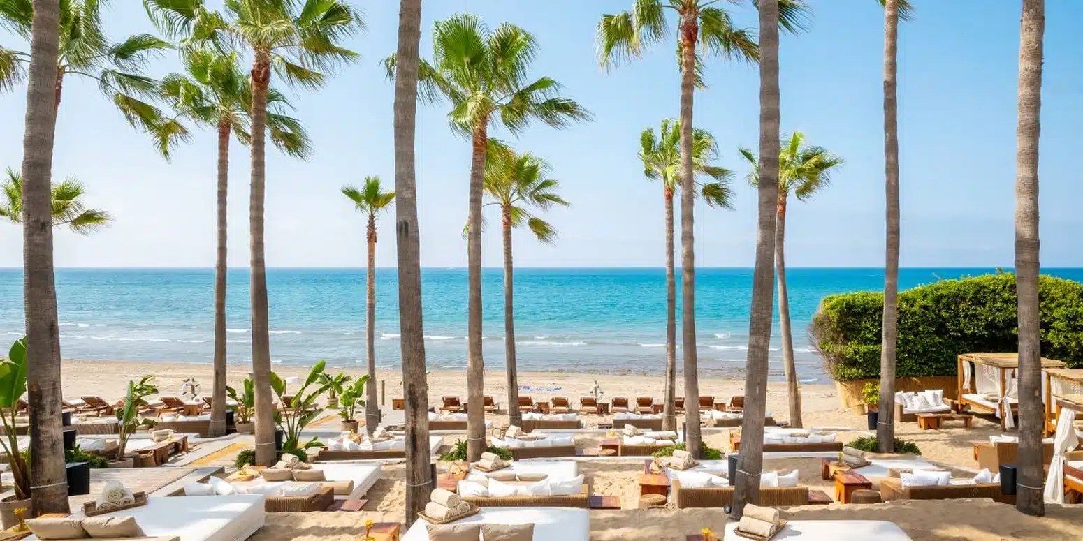 Vue panoramique de Nikki Beach Marbella, avec des palmiers et des lits balinais sur le sable, offrant un cadre idyllique en bord de mer.
