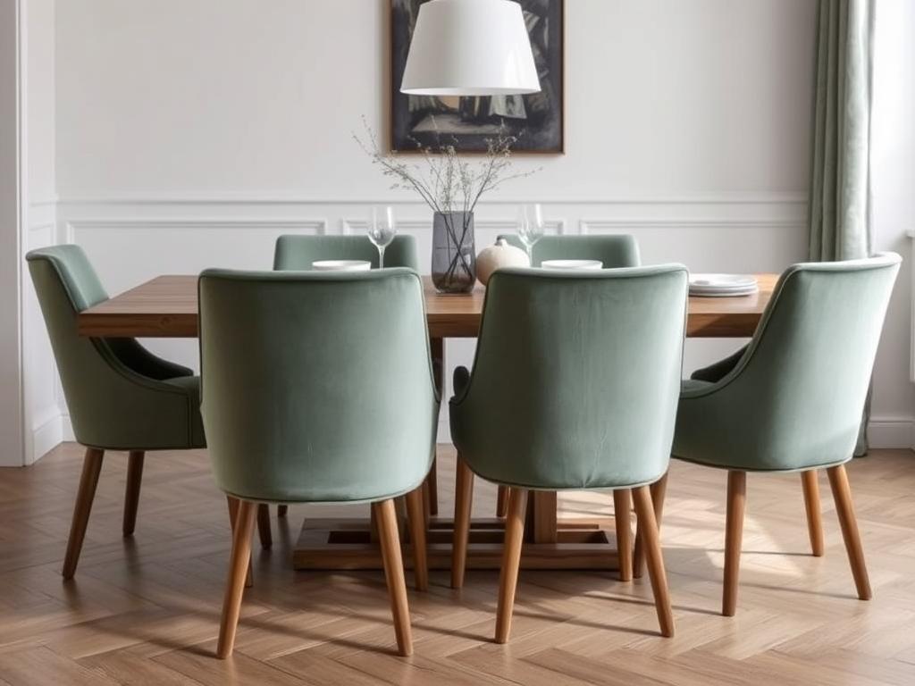 Zachte velvet eetkamerstoelen in een moderne eetkamer setting Zachte velvet eetkamerstoelen in een moderne eetkamer setting