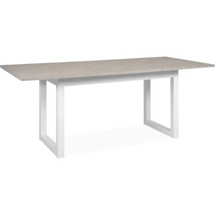 De Eettafel Houston Uitschuifbaar Travertijnlook 160-200 cm is een rechthoekige eettafel met een blad in travertijnlook en witte metalen poten, ontworpen in een eenvoudige, moderne stijl.