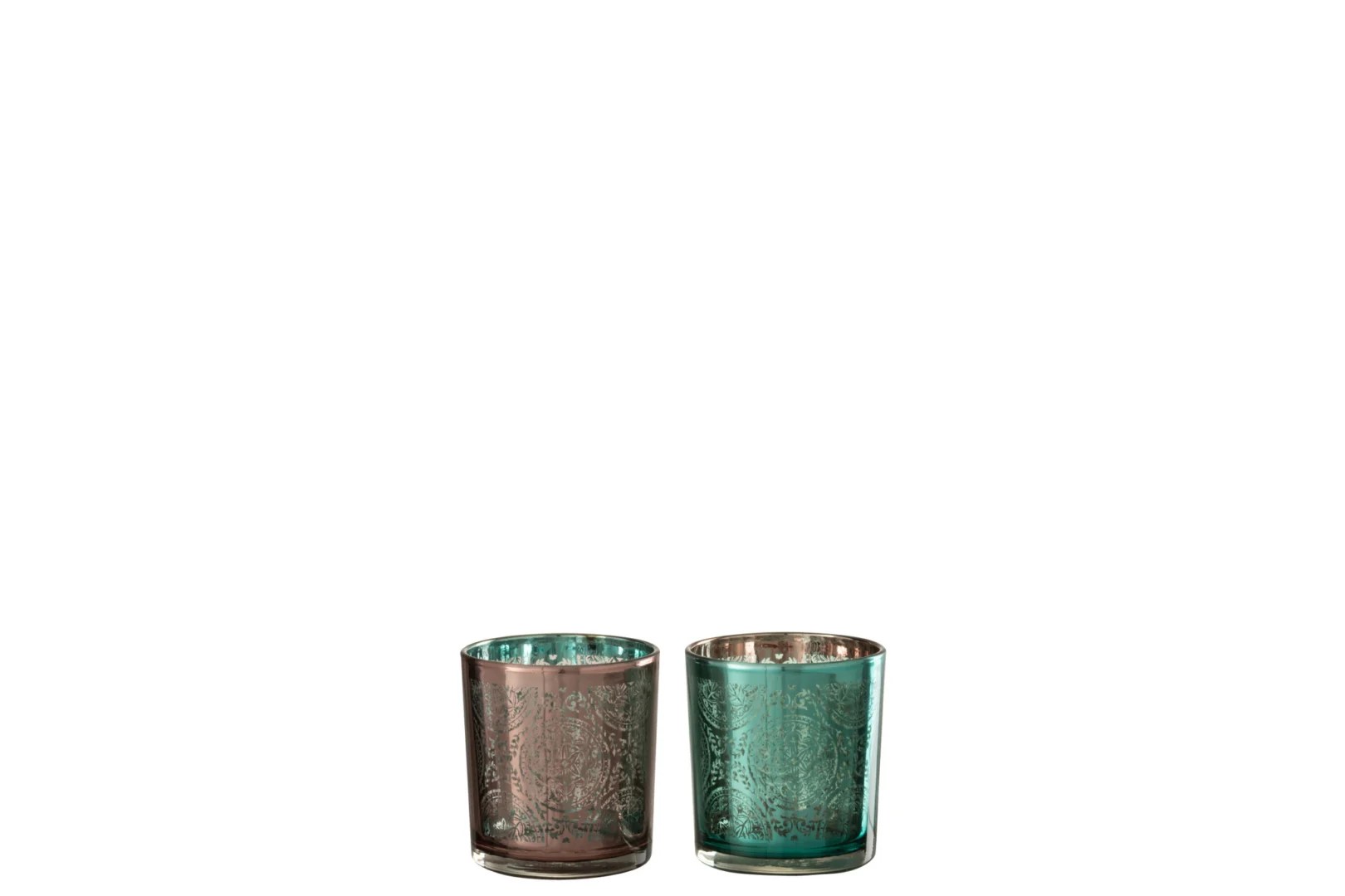 Twee Theelichthouder Oosters Glas Azuur/Koper Klein kandelaars staan naast elkaar op een witte achtergrond. De ene is stoffig roze en de andere groenblauw, beide met ingewikkelde reliëfpatronen. Verkocht als een assortiment van 2.