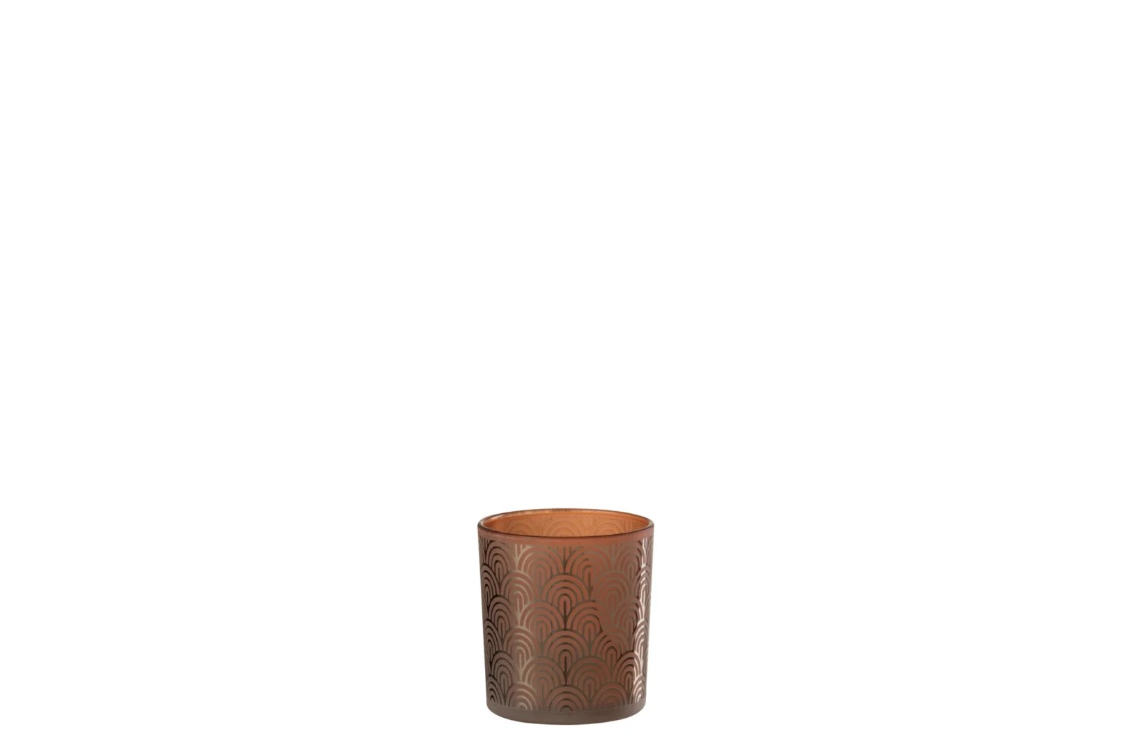 Theelichthouder Boog Glas Oranje Klein-een kleine kandelaar van oranje glas met een art deco sint-jakobsschelpmotief op een effen witte achtergrond.