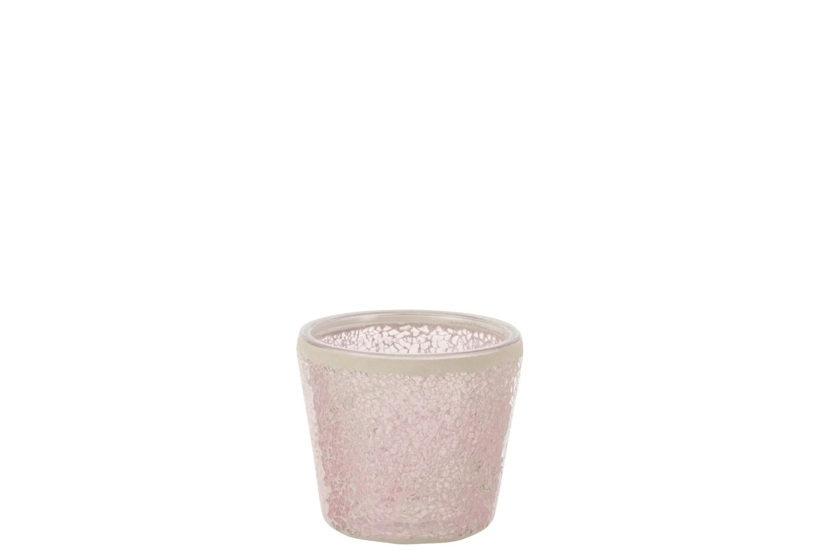 Theelichthouder Mozaïek kegelvormig glas roze: een kleine, doorschijnende roze kandelaar van mozaïekglas met een gestructureerd, gebarsten oppervlak, afgebeeld tegen een effen witte achtergrond.